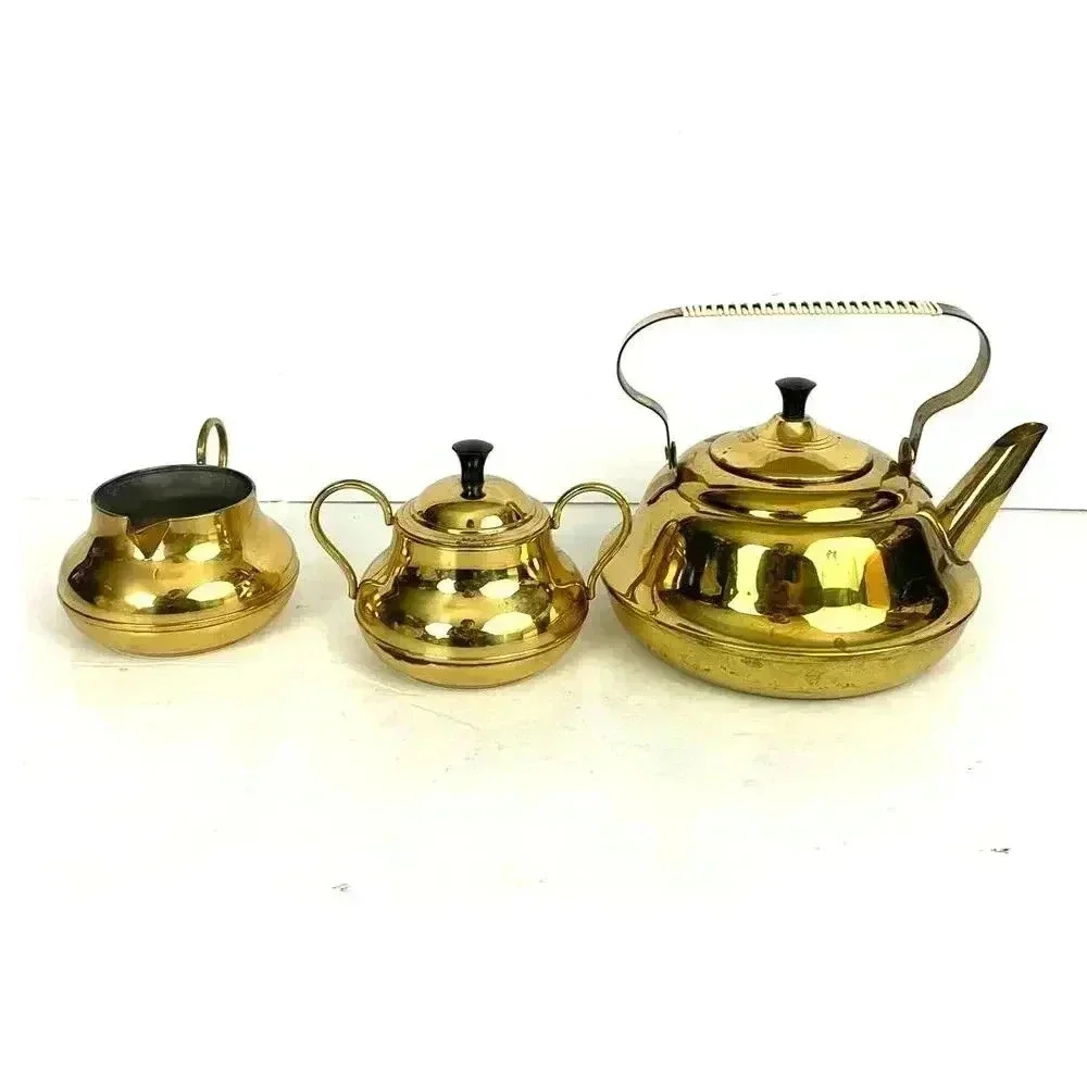 3 PC VTG Brass Pitcher Double‎ Handles Lidded Spout Made in Holland MCM
